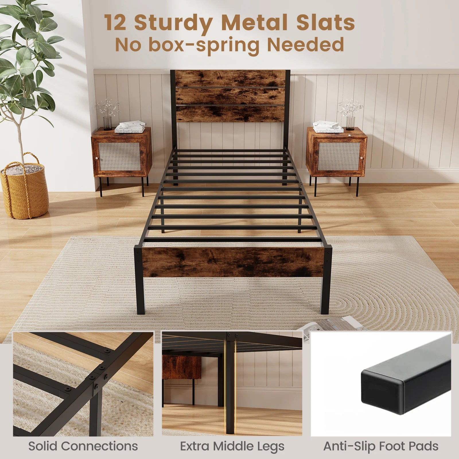 Full/ King/ Queen/ Twin Bed Frame with Tall Industrial Headboard Heavy-Duty Metal Slats Support