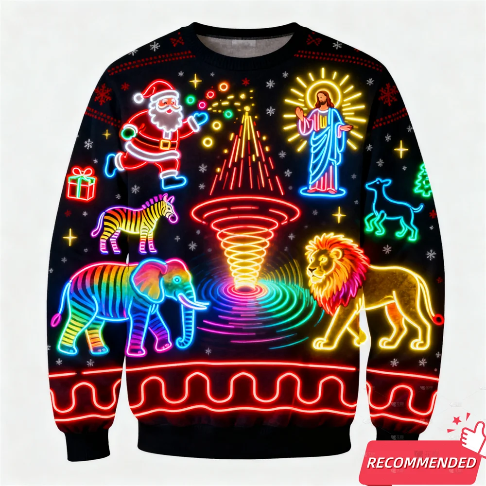 Fake Neon Light 3D Printed Ugly Xmas Sweater For Women Men Clothes Merry Christmas Snowman Funny Santa Jesus Pullovers Tracksuit