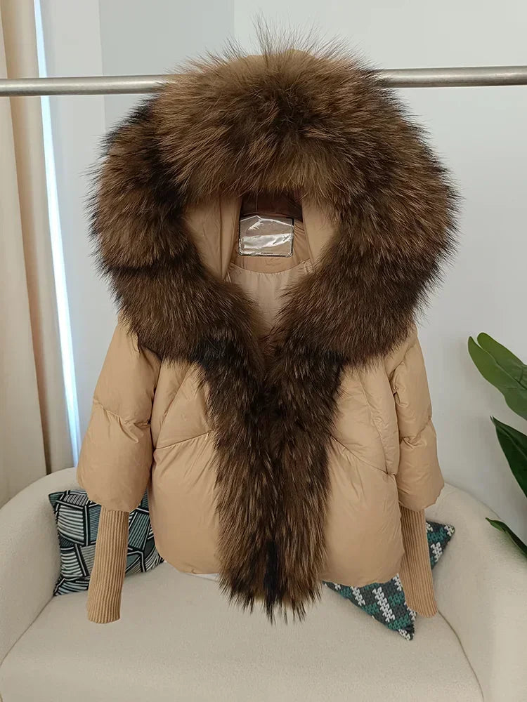 2024 Winter Puffer Jacket Women Real Fox Fur Collar Hooded Natural Thick Warm Loose Oversize Duck Down Coat Streetwear Outerwear