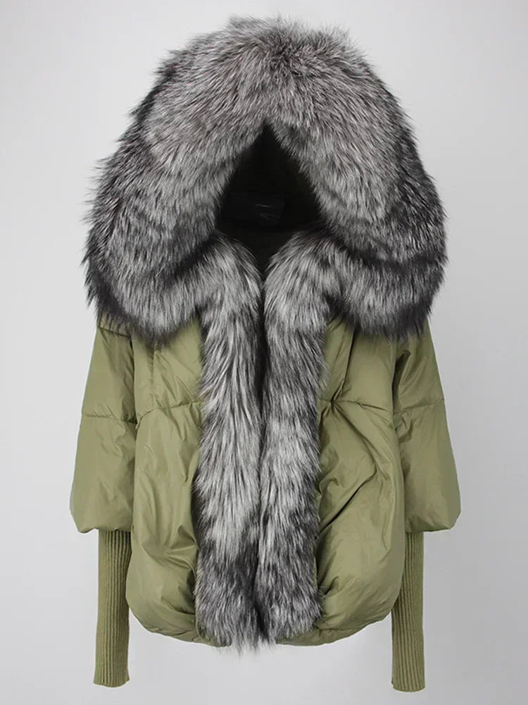 2024 Winter Puffer Jacket Women Real Fox Fur Collar Hooded Natural Thick Warm Loose Oversize Duck Down Coat Streetwear Outerwear