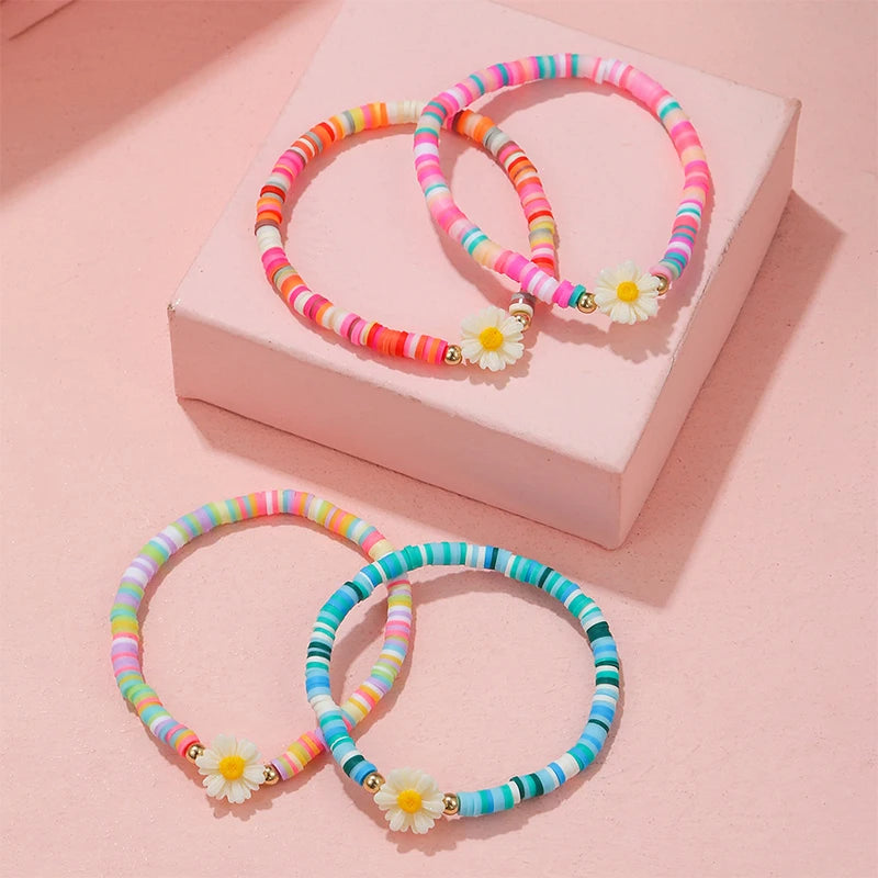 4Pcs/set Handmade Stretch Bracelets Flower Pendant Bracelet for Women Girls Party Birthday Jewelry Gift