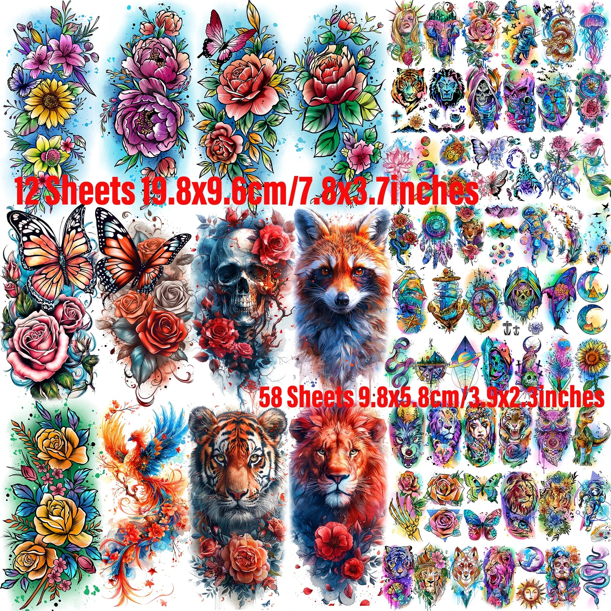 70 Sheets Watercolor Peony Rose Flowers Temporary Tattoos For Women Butterfly Animals Tatoos Realistic Fake Arm Tattoo Stickers