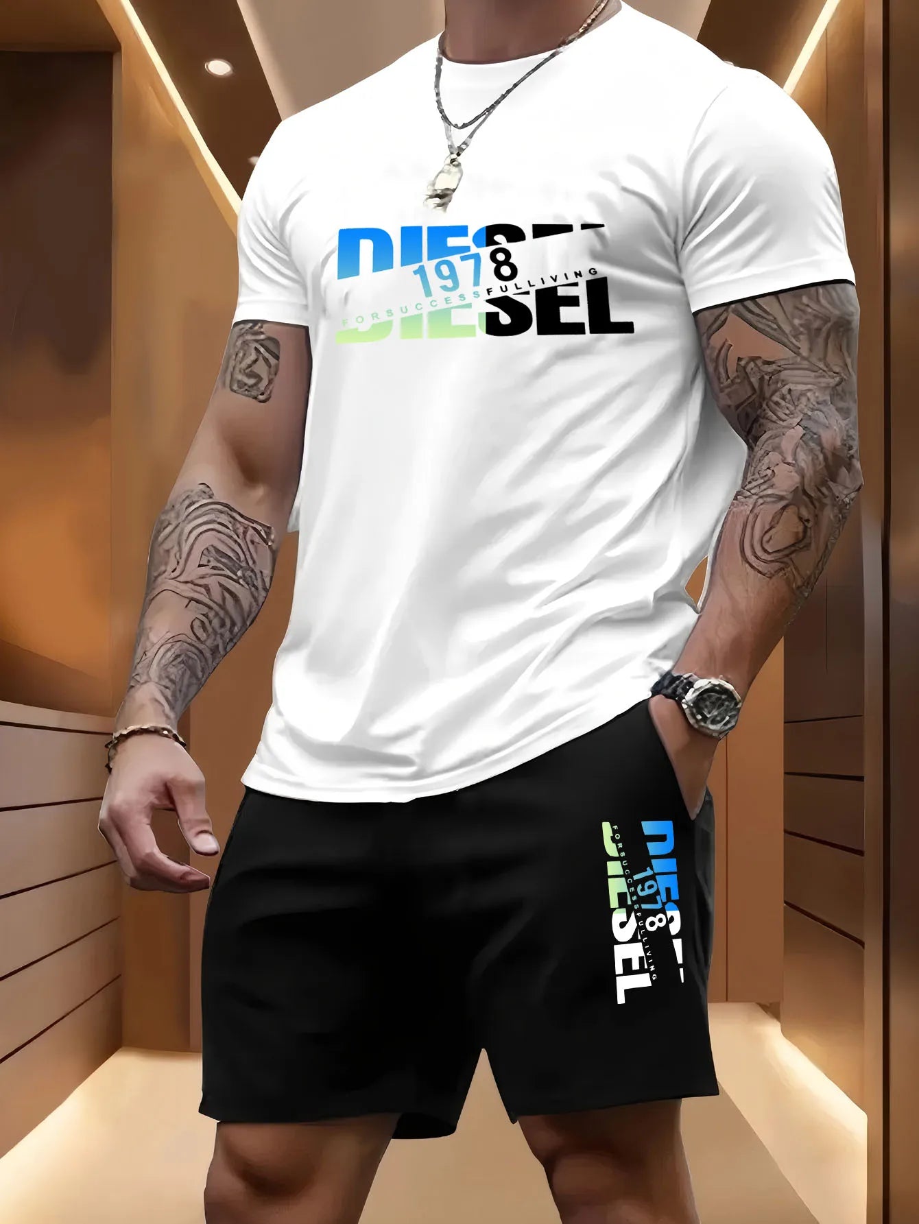 Summer men's casual two-piece set round-neck short-sleeved T-shirt and sports shorts for outdoor activities