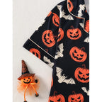 Women's Halloween Pumpkin Print Pajama Set Short Sleeve Button Up Top and Shorts Casual Sleepwear Loungewear Homewear Set
