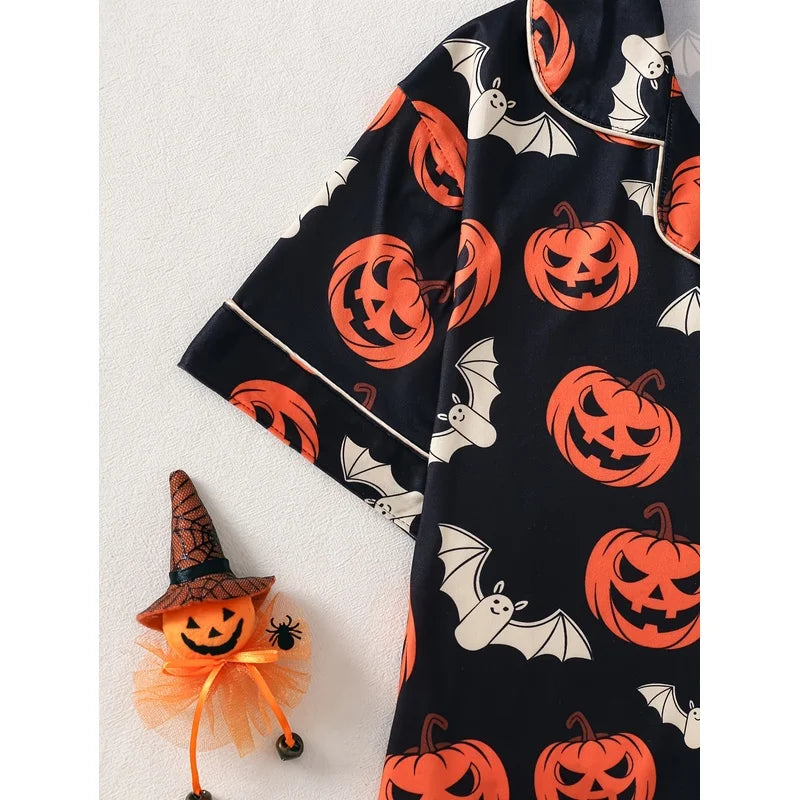 Women's Halloween Pumpkin Print Pajama Set Short Sleeve Button Up Top and Shorts Casual Sleepwear Loungewear Homewear Set