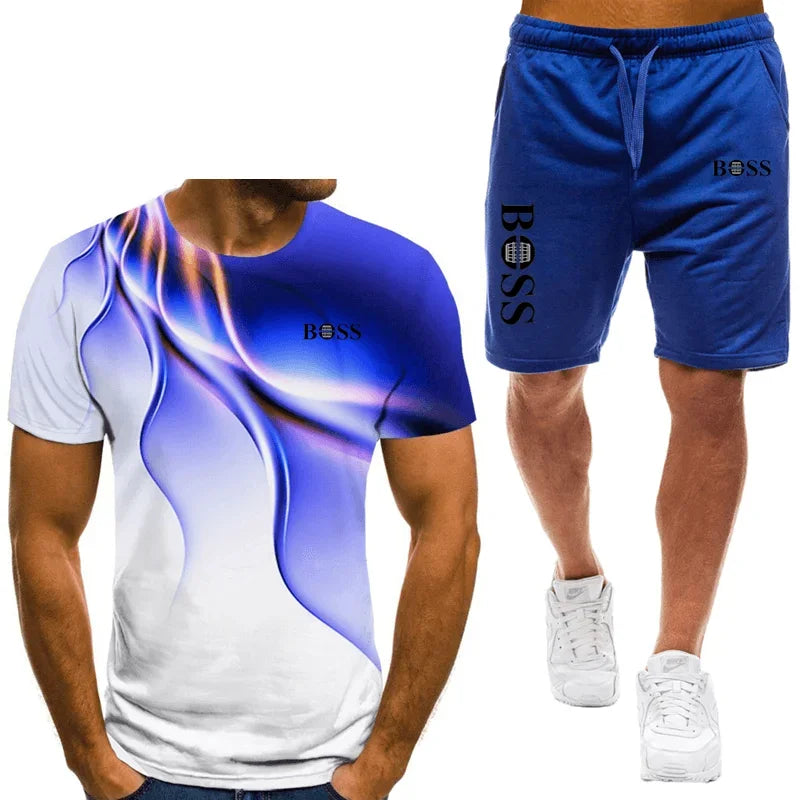 Men's T-shirt and shorts set, running fashion printed short sleeved sports T-shirt, summer 2024