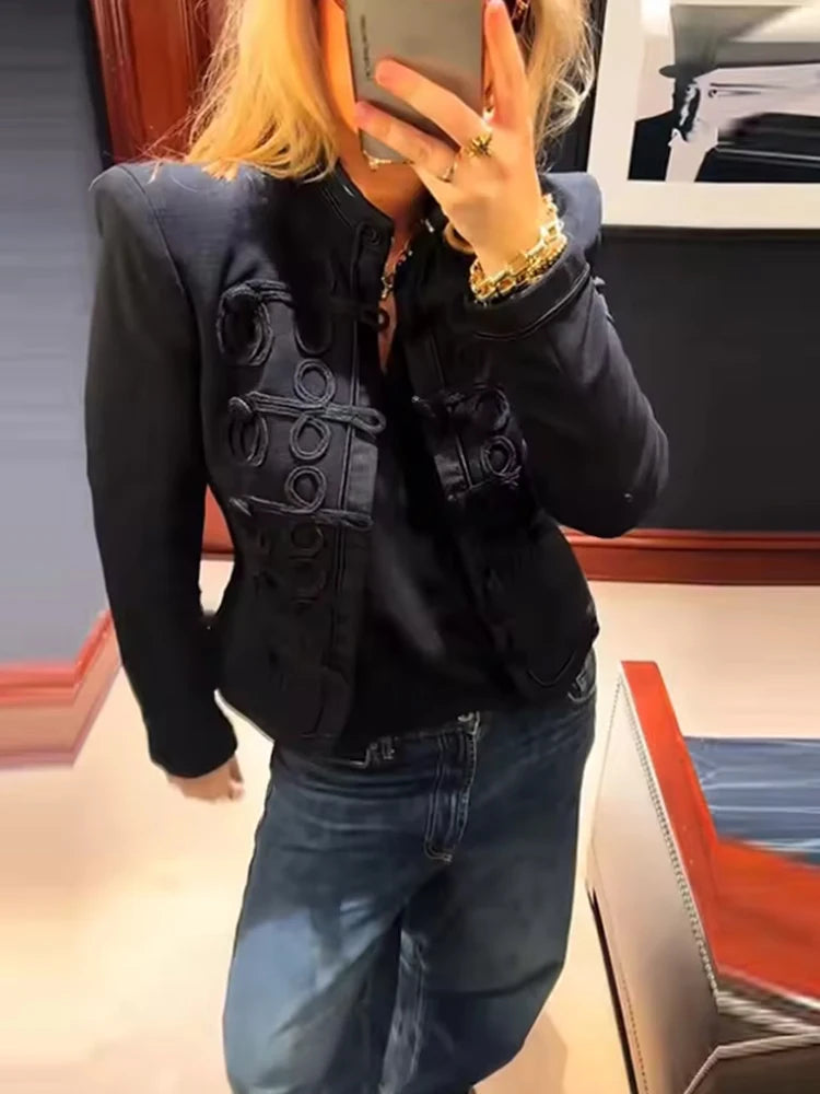Retro Denim Military Jacket Women Vintage Solid Single Breasted Stand Collar Slim Short Coat 2026 Lady Daily Street Outerwear