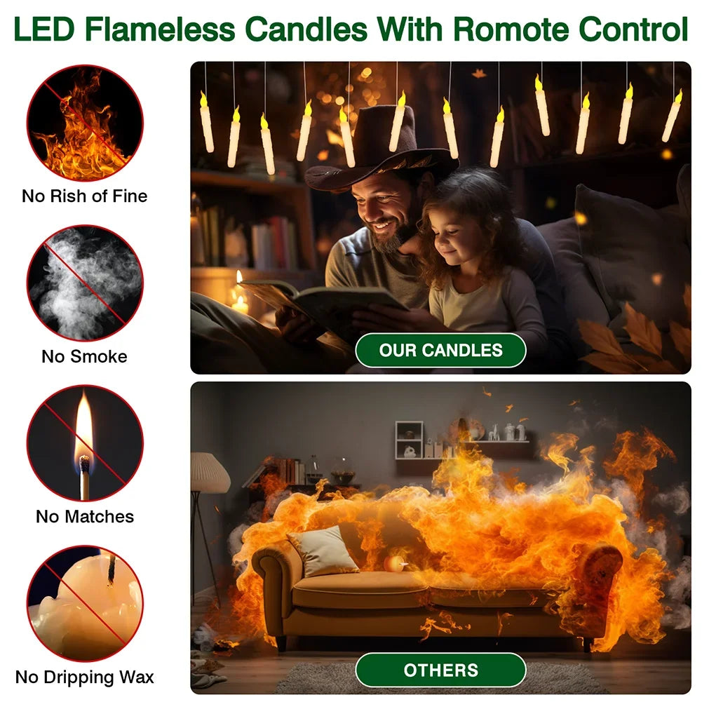12/48 PCs  LED Floating Candles with Magic Wand Remote Flameless Flying Candle Flickering Warm Light for Halloween Holiday Decor