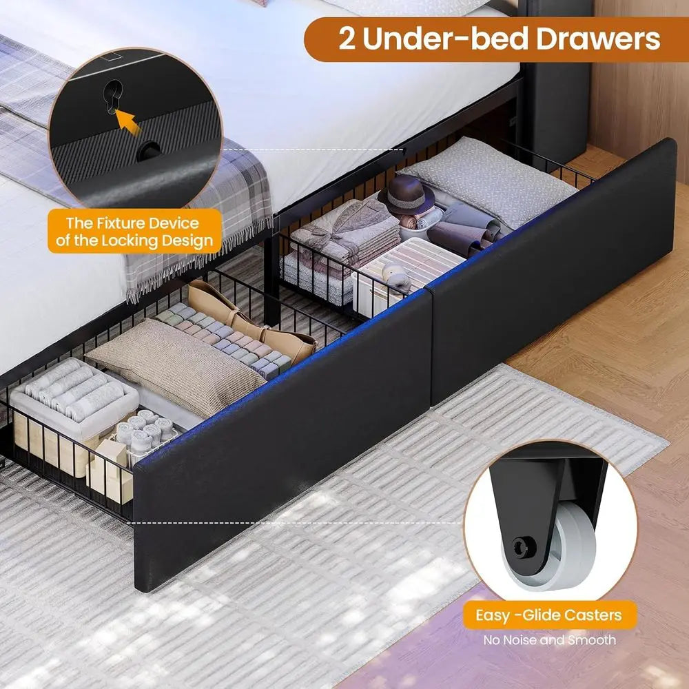 Twin Size Bed Frames with Storage Headboard and Two Large Drawers, Gaming Bed with RGB Lighting and Charging Station, Leather Up
