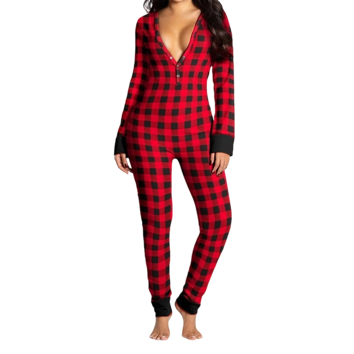 Women's Long Sleeve Christmas Jumpsuit Pajamas V Neck Christmas Themed Print Bodysuit Sleepwear with Drop Seat Butt Flap