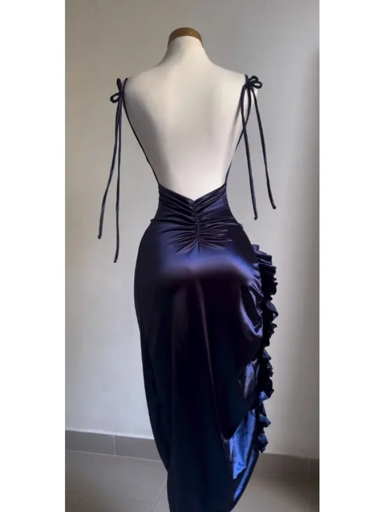 Korean Y2K Summer Sleeveless Lace-up Wrap Hip Pleated Dress Women Sexy Club Vintage Backless Bodycon Ruffles Slip Long Dresses