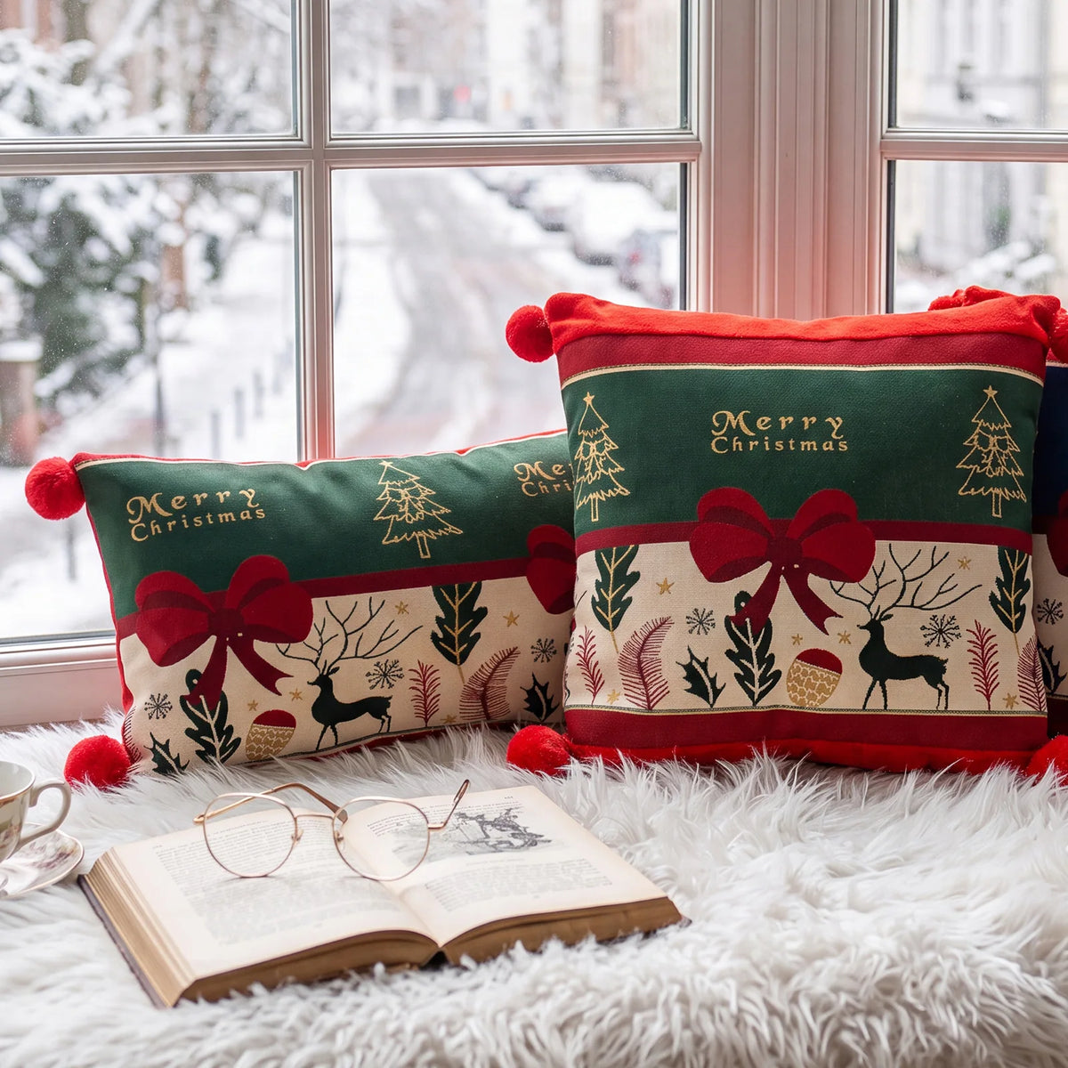 Christmas Red Jacquard Throw Pillow Cover Cartoon Elk Snowflake Christmas Pillowcase Plush Sofa Decor Cushion Covers 45x45cm