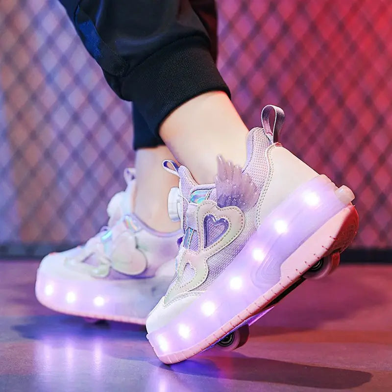Kids Girls LED Light Up Roller Shoes 2 Retractable Wheels Angel Wings Heart Rotary Buckle Skate Sneakers