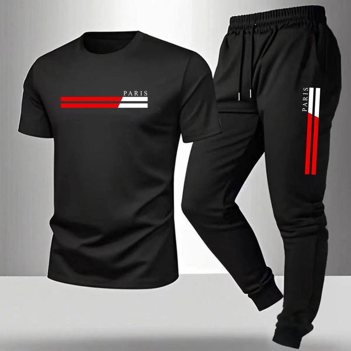 New men's summer casual pantsshort sleeved T-shirt set Paris printed two-piece set men's sportswear set men's clothing clearance