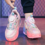 Kids Girls LED Light Up Roller Shoes 2 Retractable Wheels Angel Wings Heart Rotary Buckle Skate Sneakers