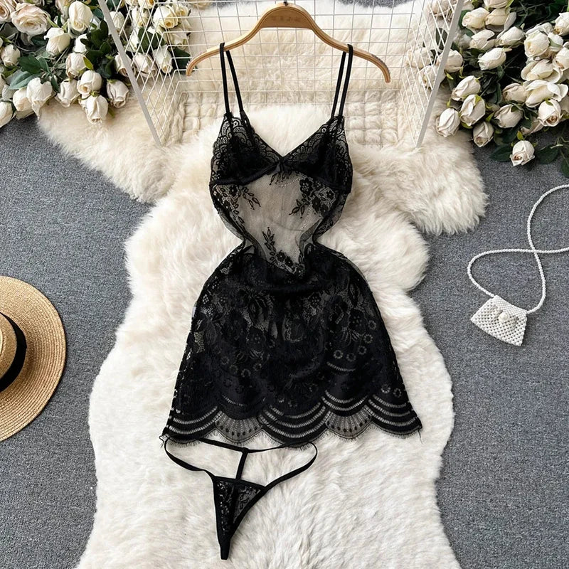 Valentine Party Sleepwear Combination Catsuits Slim Intimate Erotic Mesh Strappy Rompers Women Bodysuits Lingerie Sexy Sets
