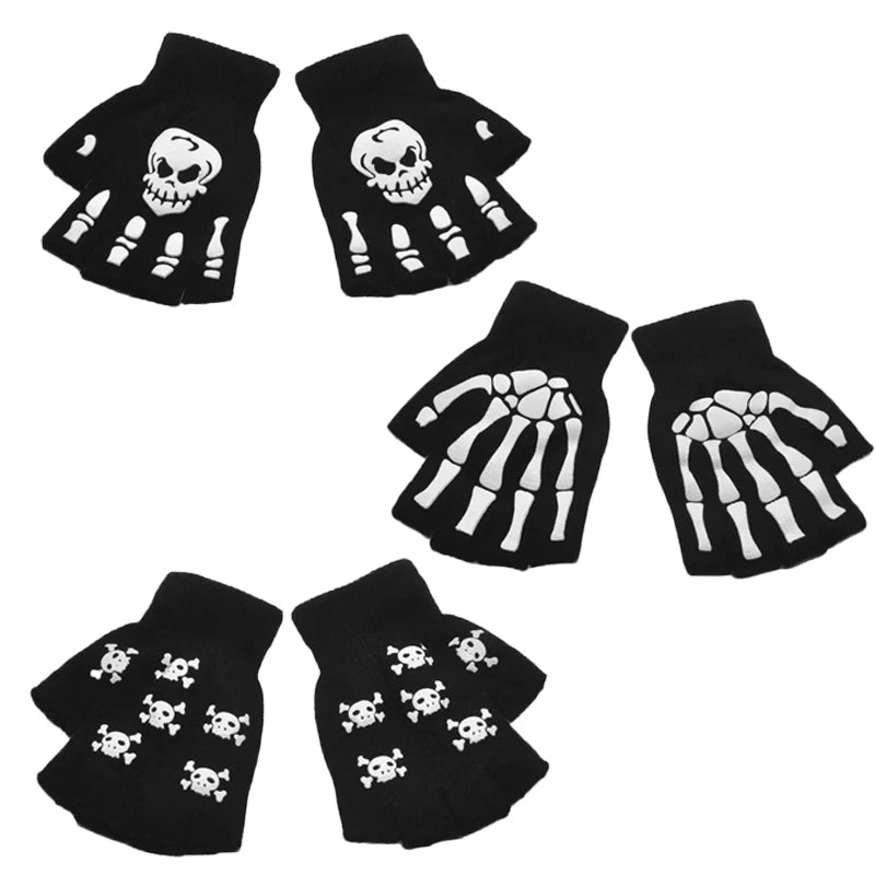 New Punk Gloves Unisex Halloween Skeleton Skull Half Finger Gloves Glow In The Dark Fingerless Stretch Knitted Winter Mittens