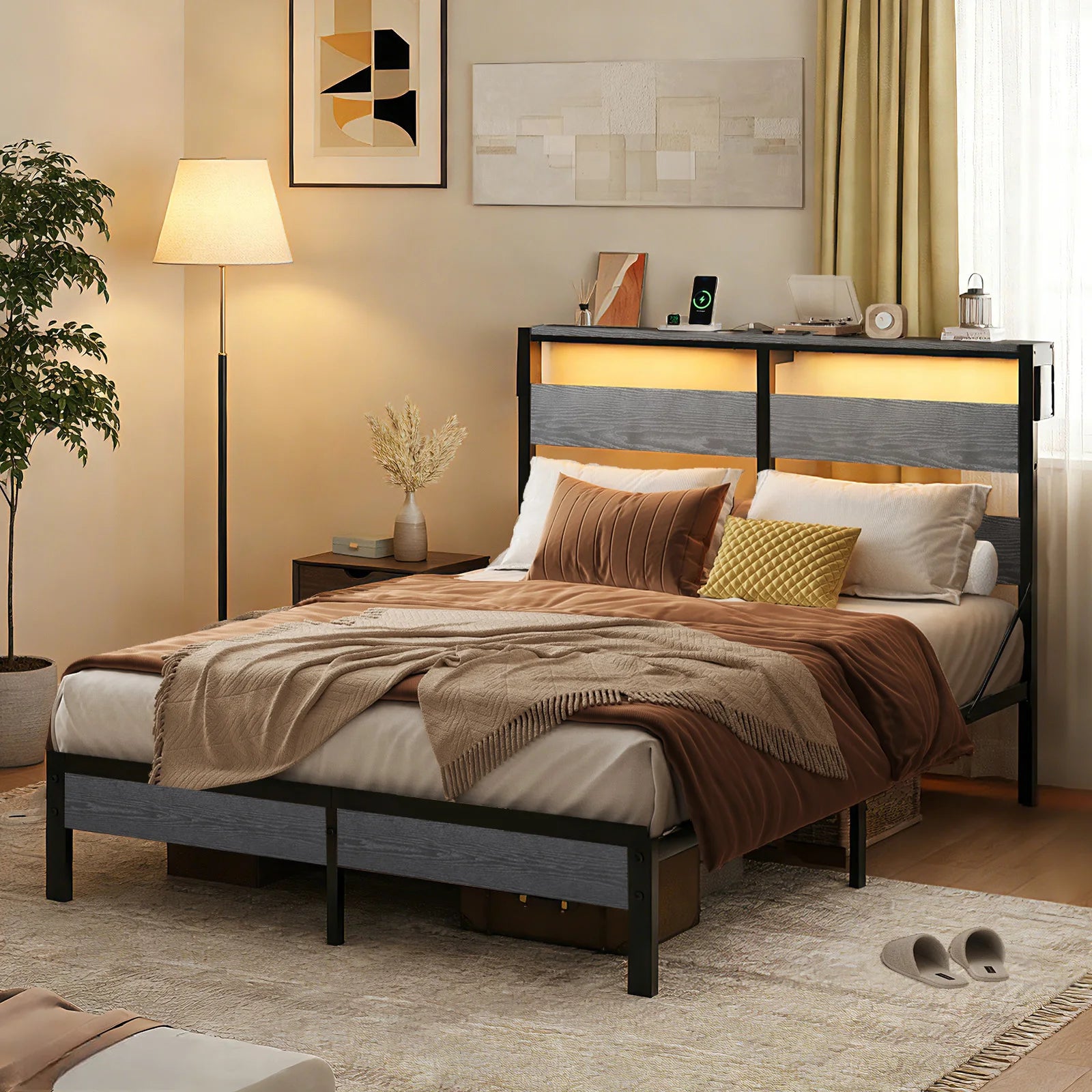 NOST&HOST Queen Bed Frame with Headboard and Charging Station,Non-Slip Queen Bed Frame with LED Light, Noise-Free, Easy Assembly, Grey