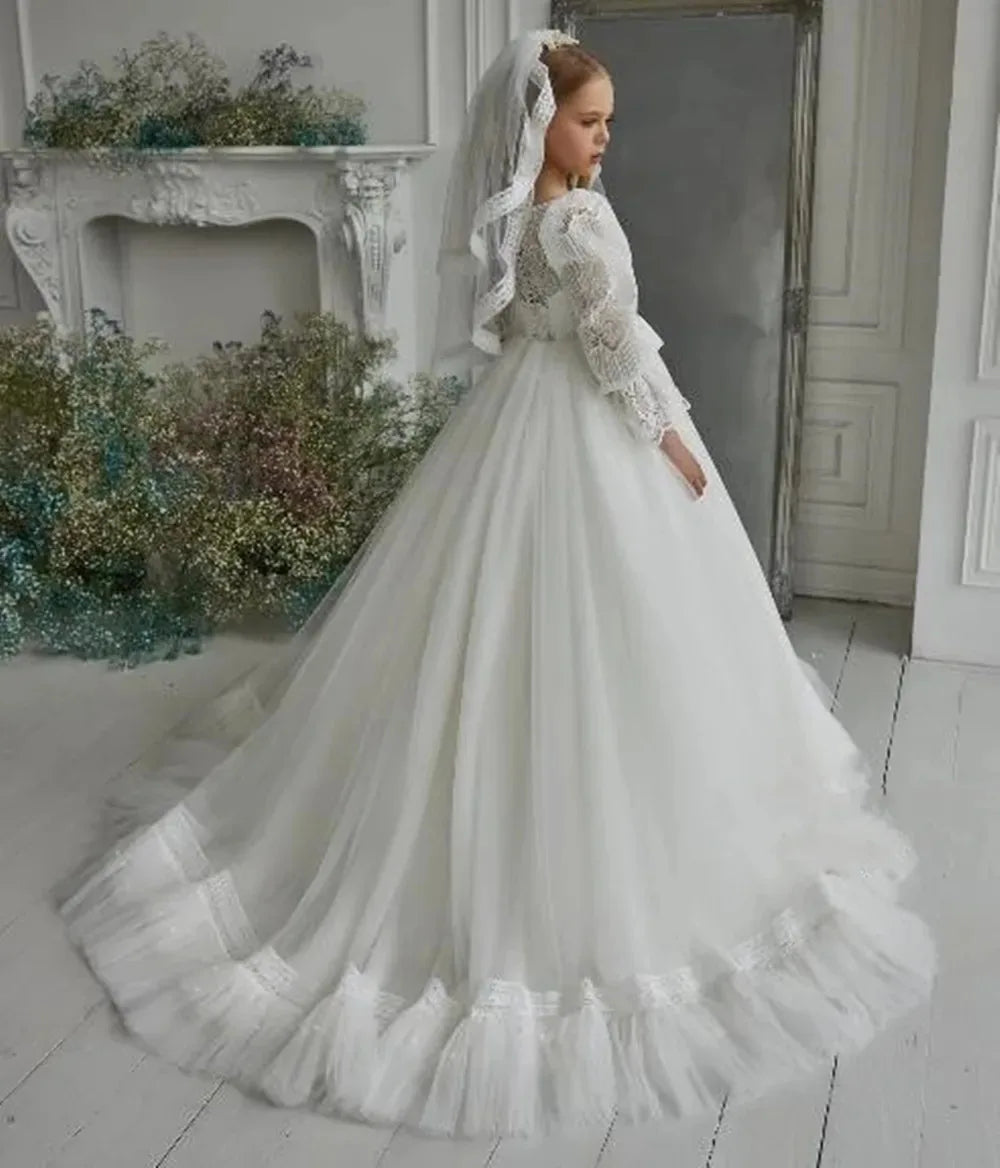 Elegant Tiered Flower Girl Dresses For Wedding Short Sleeves Tulle Glitter Sequined Appliques First Communion Ball Prom Gowns