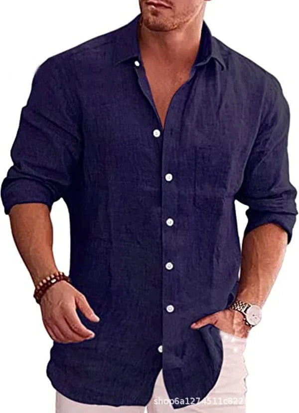 Men's Loose Solid Color Shirt Linen Lapel Long Sleeve Casual