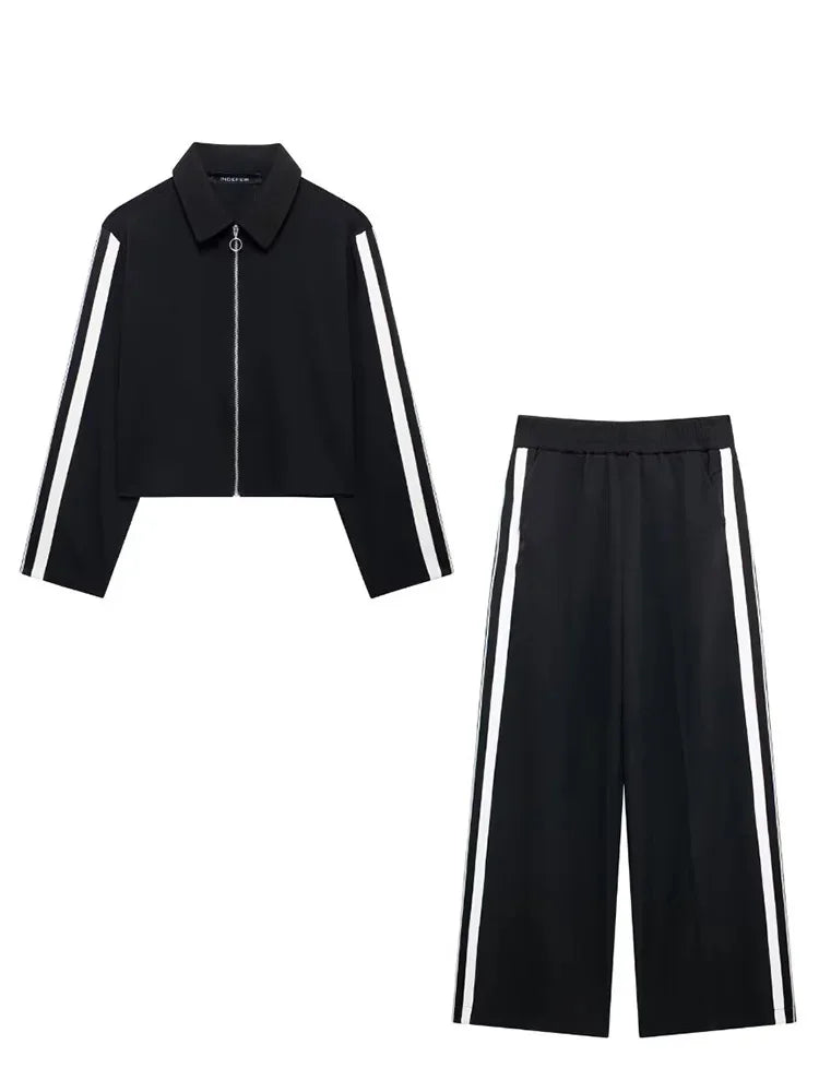 HH 2024 Women Stripe Top Trousers Sports Suits Female Long Sleeves Zip Lapel Coat+High Waist Wide Leg Pants Two-piece Set