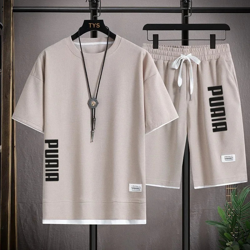 2026 New Men's T-shirt and Shorts Set 2-in-1 Summer Breathable Casual T-shirt Running Fashion Element Printed Men's Sports Set