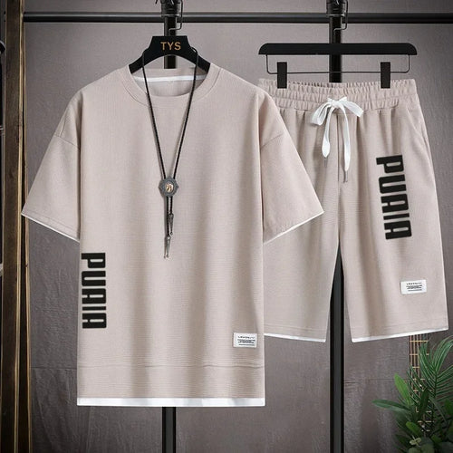 2026 New Men's T-shirt and Shorts Set 2-in-1 Summer Breathable Casual T-shirt Running Fashion Element Printed Men's Sports Set
