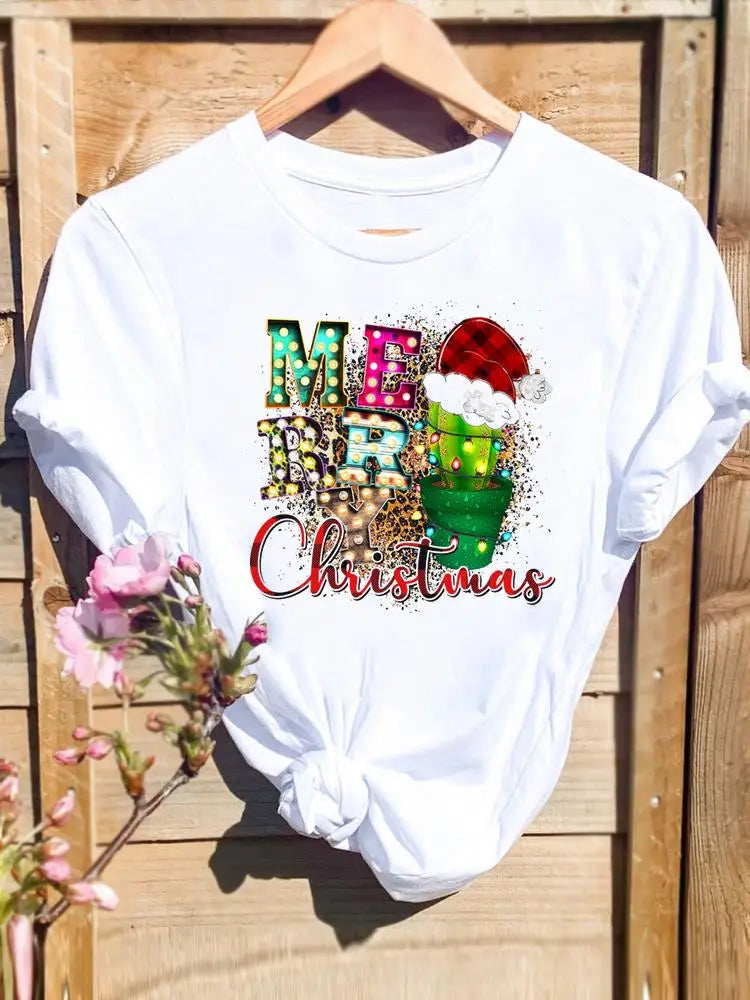 Merry Christmas New Year Holiday Graphic T Tee Fashion Cat Tree Lovely 90s Cute Harajuku Kawaii T-shirt Women's Y2K Clothing