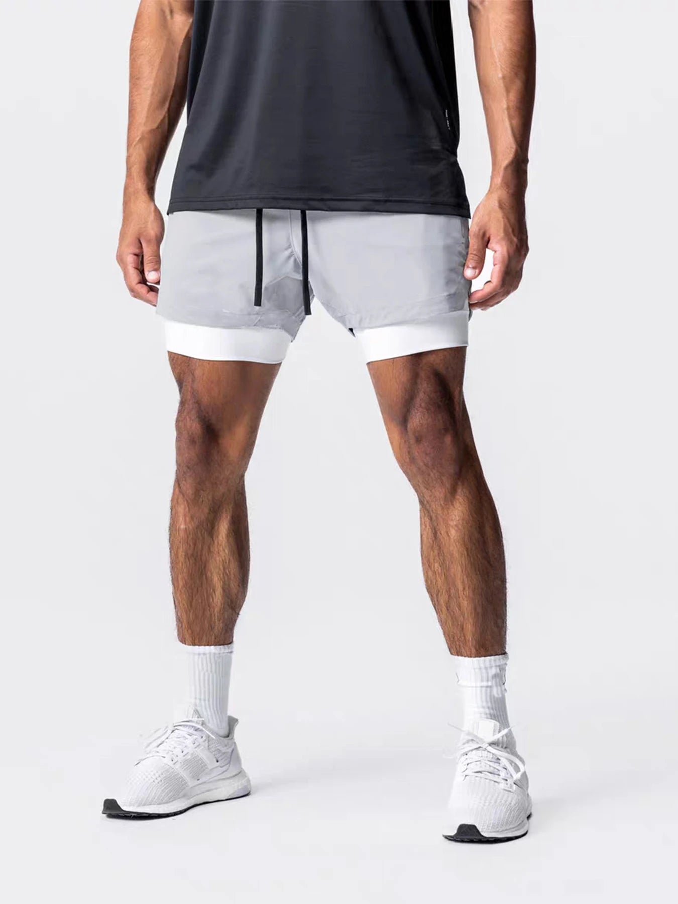Sports shorts for men, double layered, quarter quick drying, elastic basketball, running training equipment, deep squat fitness,