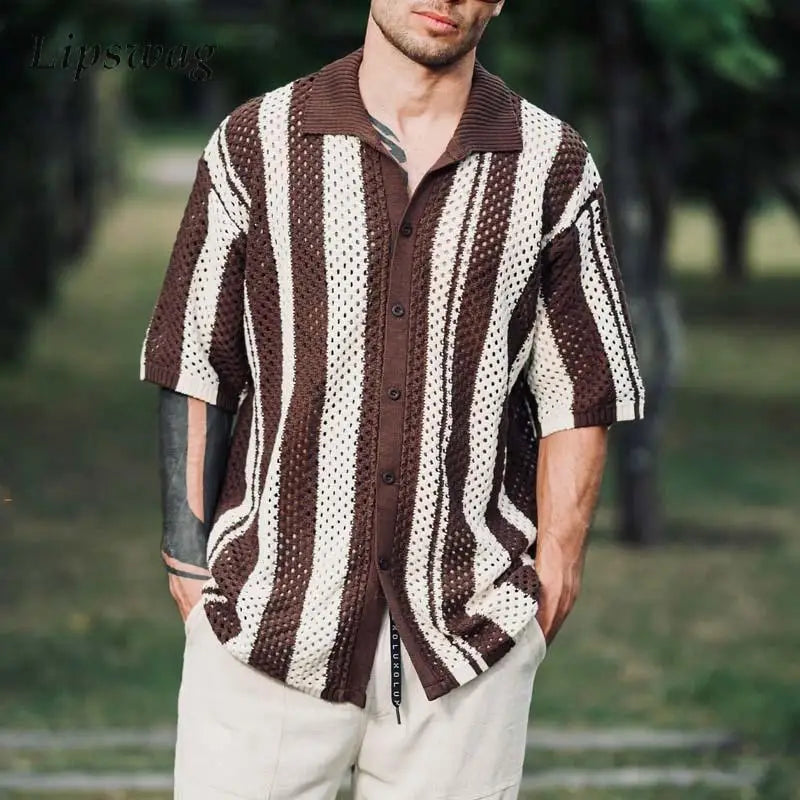 Contrast Color Striped Crochet Shirts Mens Vintage Turn-down Collar Buttoned Cardigan Tops Men Summer Daily Casual Knitted Shirt