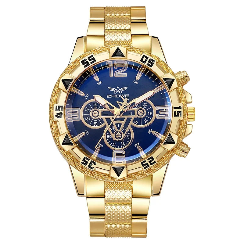 YIKAZE Men's Quartz Wristwatches Business Leisure Fashion Large Dial Alloy Steel Strip Blue Light Three Eye Men's Quartz Watch