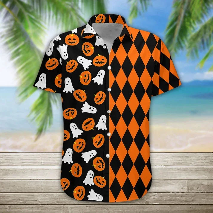 New Halloween Series 3D Printed Casual Pumpkin Short Sleeved Shirt for Men Beach Wear Summer Clothing