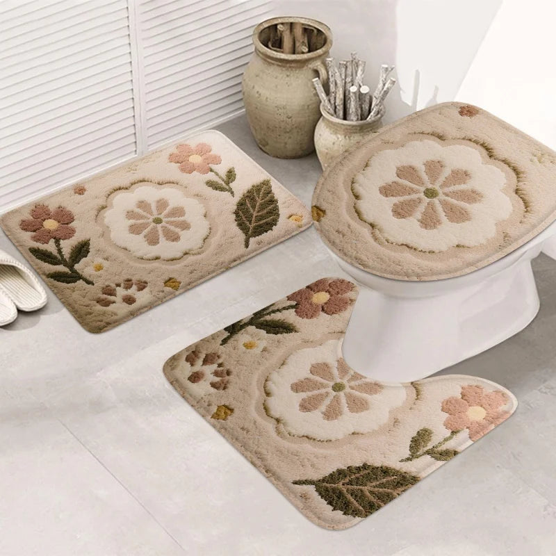 3pcs Korean Style Home Toilet U-Shaped Floor Mat Toilet Lid Mat Bathroom Door Mat Absorbent Carpet Flannel Anti Slip Mat