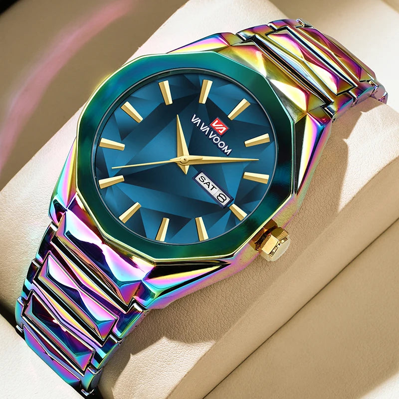 Men's Watch Business And Leisure Dual Calendar Waterproof Stainless Steel Strap Color Changing Dial Quartz Watch Clock Gift