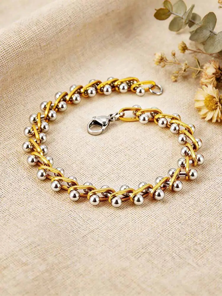 Beaded Bracelet for Women, Gold Silver Two Tone Stackable Minimalist Jewelry, Trendy Layered Bracelet Holiday Party Accessories