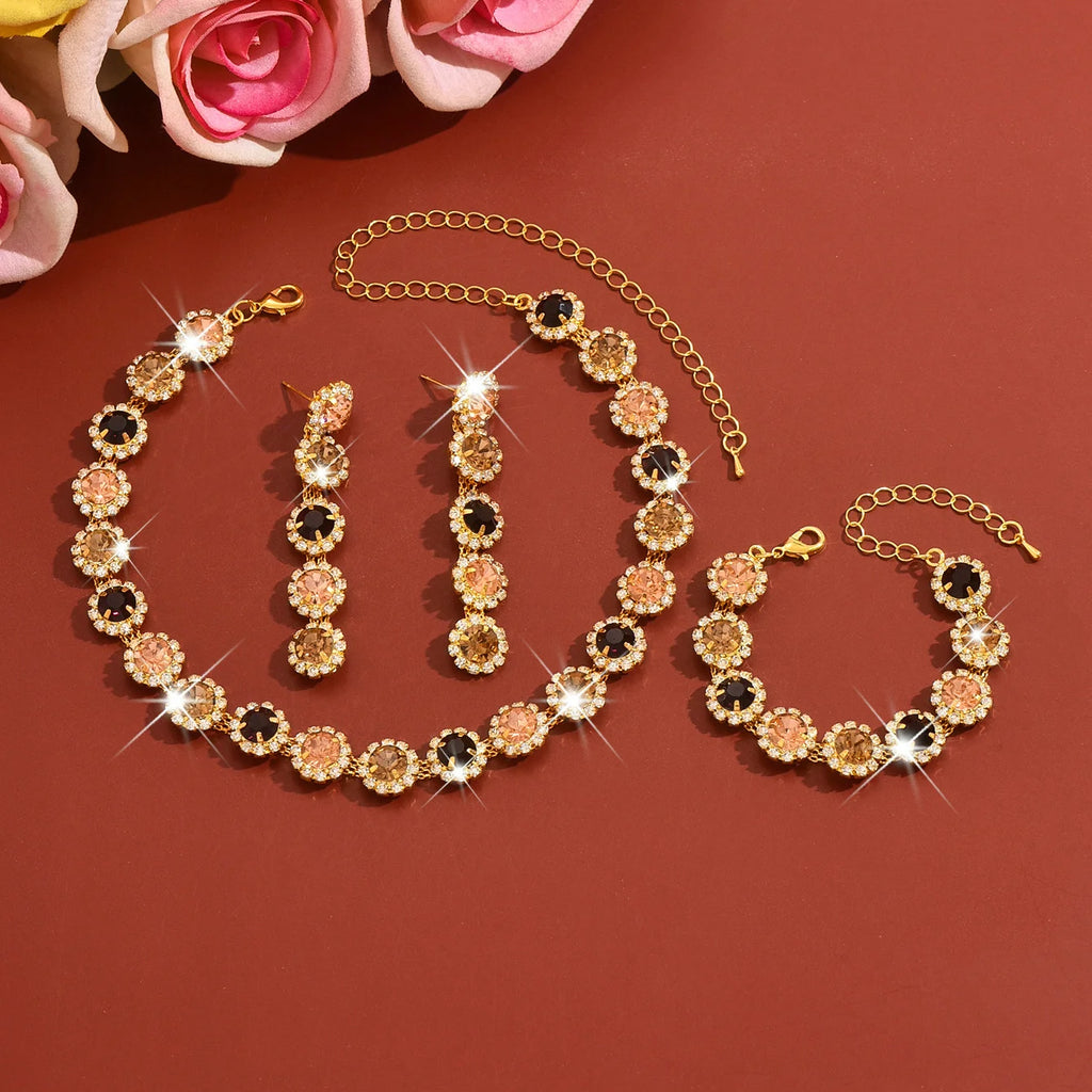 Jewelry set - Crystal zirconium geometric flower necklace, earrings and bracelet - fashionable jewelry. Gift for wife.