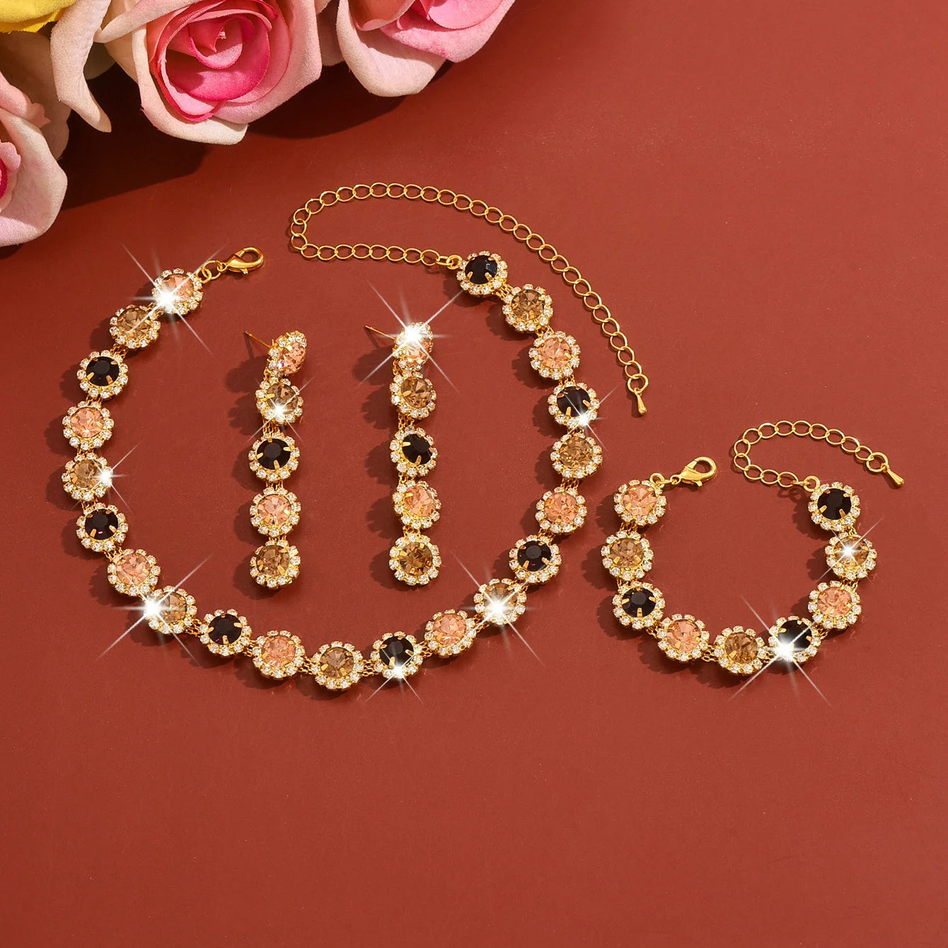 Jewelry set - Crystal zirconium geometric flower necklace, earrings and bracelet - fashionable jewelry. Gift for wife.