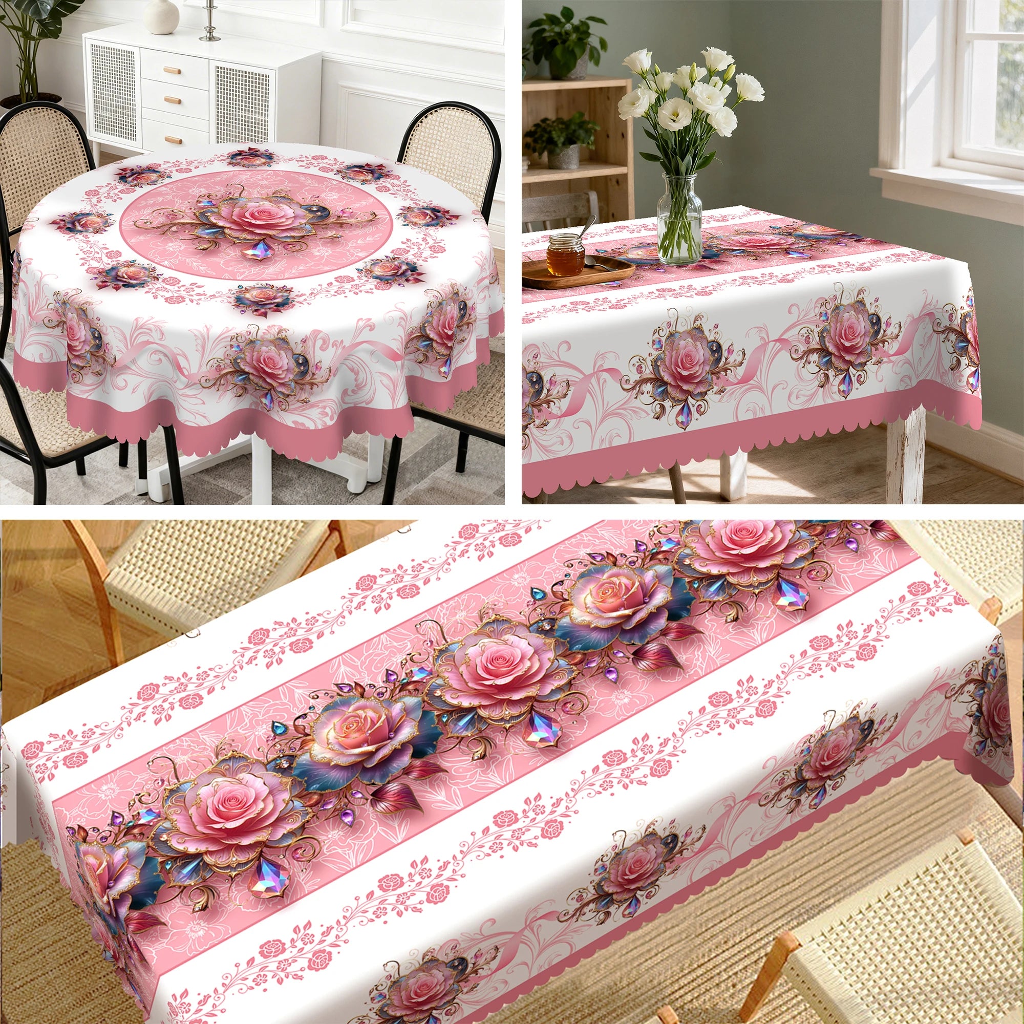 Elegant Floral-Themed Printed Tablecloth, High-Quality White and Gold Pattern, Embossed Edges, Durable, Waterproof, Oil-Proof, Stain-Resistant, Wrinkle-Resistant, Non-Fading, Machine Washable, Reusable, Perfect Gift for Famil