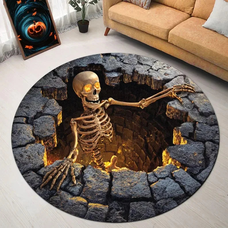 Skeleton Illusion Round Rug Spooky Optical Floor Carpet Fun Gothic Home Decor Gift for Living Room Horror Door Mat Rug