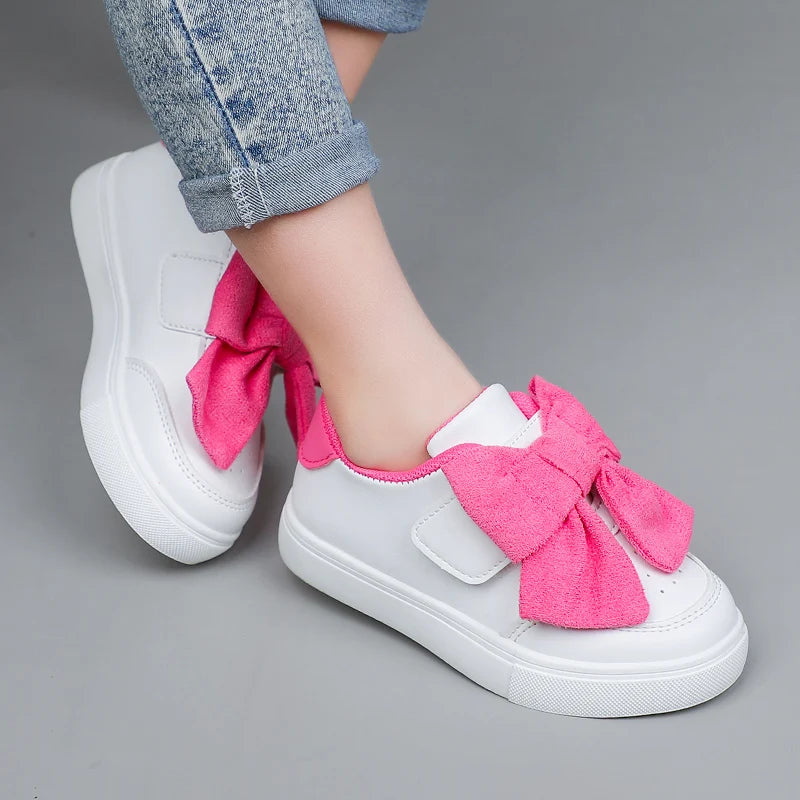 Little Kids Sneakers for Girls 2026 Spring Autumn Fashion White Skate Shoes Girls Casual Shoes with Big Pink Bow-knot Hot Sale