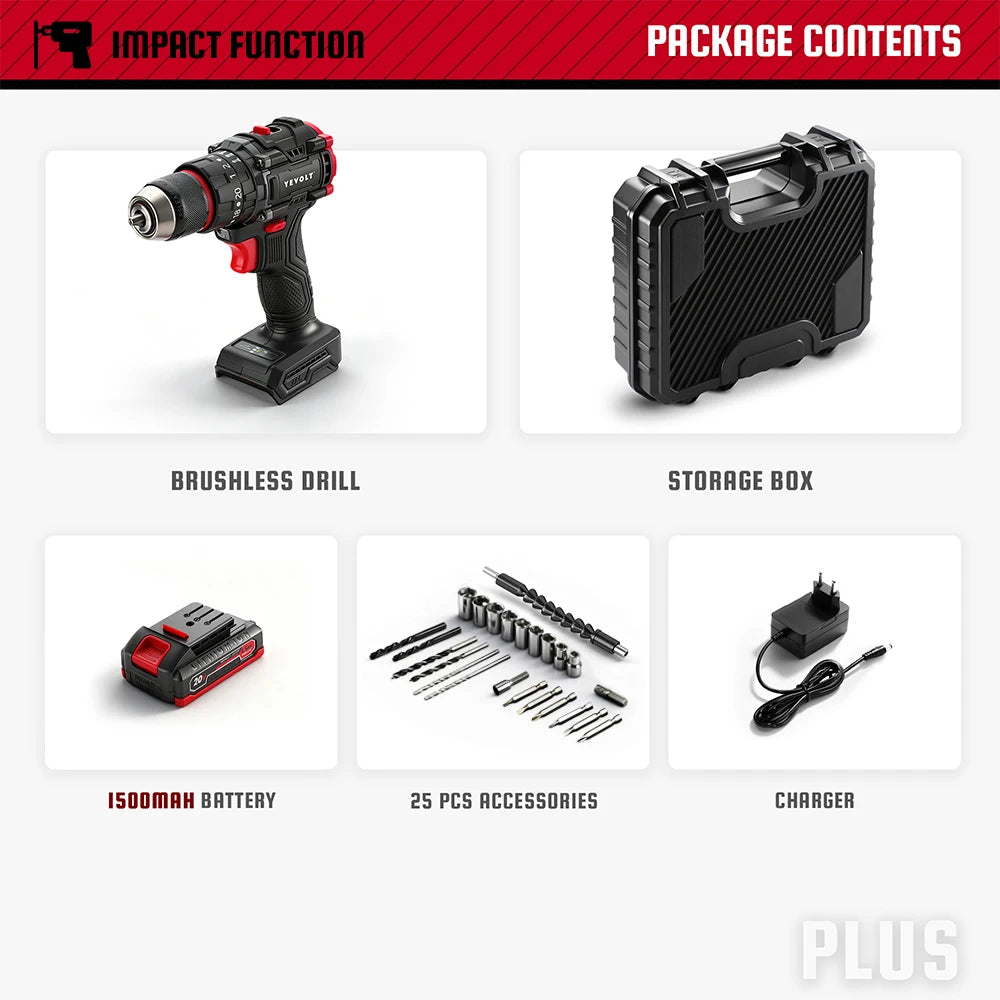 YEVOLT Electric Drill 20V Brushless Li-ion Compact Cordless 21+1 Driver Handheld Screwdriver Power Tools YVGBD20DU2 Series