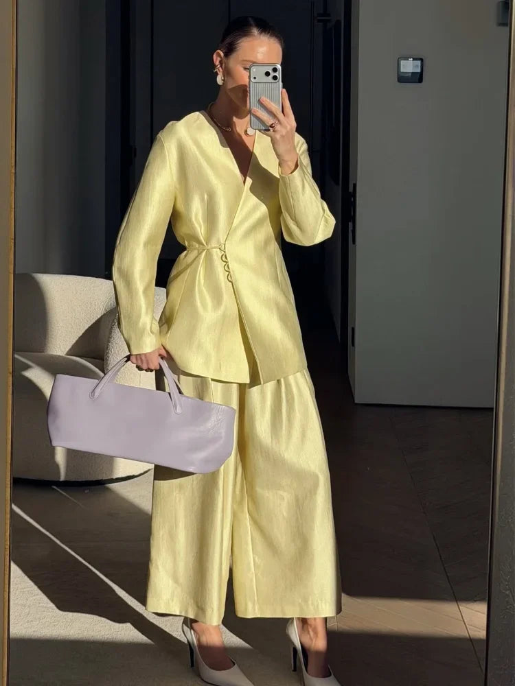 Women Elegant Solid Lace-up Blazer Set Lady Chic V-neck Full Sleeve Loose Coat Wide-leg Pants Suit 2026 Casual Commute Outfit