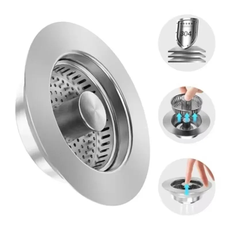 3 in 1 Kitchen Sink Drain Strainer Stainless Steel Pop-Up Sink Stopper Removable Sink Stopper Anti Clogging Sink Food Strainer