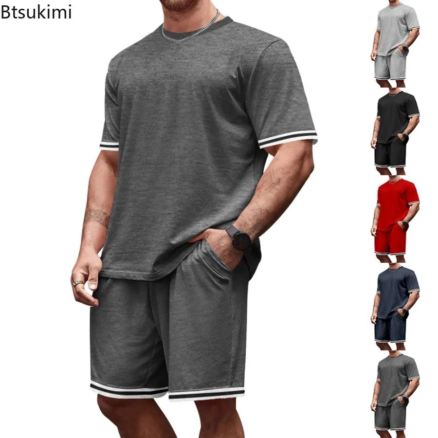 2026Men's Summer Tracksuit Solid Loose Casual Round Neck Short Sleeve T-shirts Shorts Two Piece Sets for Men Gym Clothing Sets