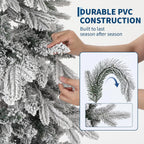 Garvee 6/7ft Pre-Lit White Snow Flocked Slim Pencil Christmas Tree PVC Realistic Tree with Metal Stand Flame Retardant Space Saving Holiday Decor Snow-Flocked Drooping Branches, 8 Light Functions, Slim Pencil Shape
