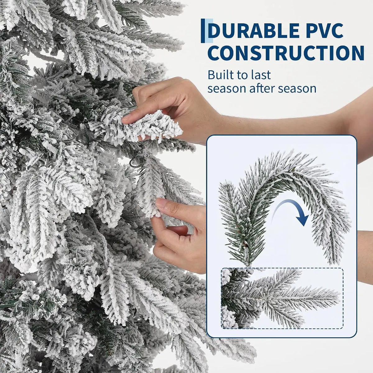 Garvee 6/7ft Pre-Lit White Snow Flocked Slim Pencil Christmas Tree PVC Realistic Tree with Metal Stand Flame Retardant Space Saving Holiday Decor Snow-Flocked Drooping Branches, 8 Light Functions, Slim Pencil Shape