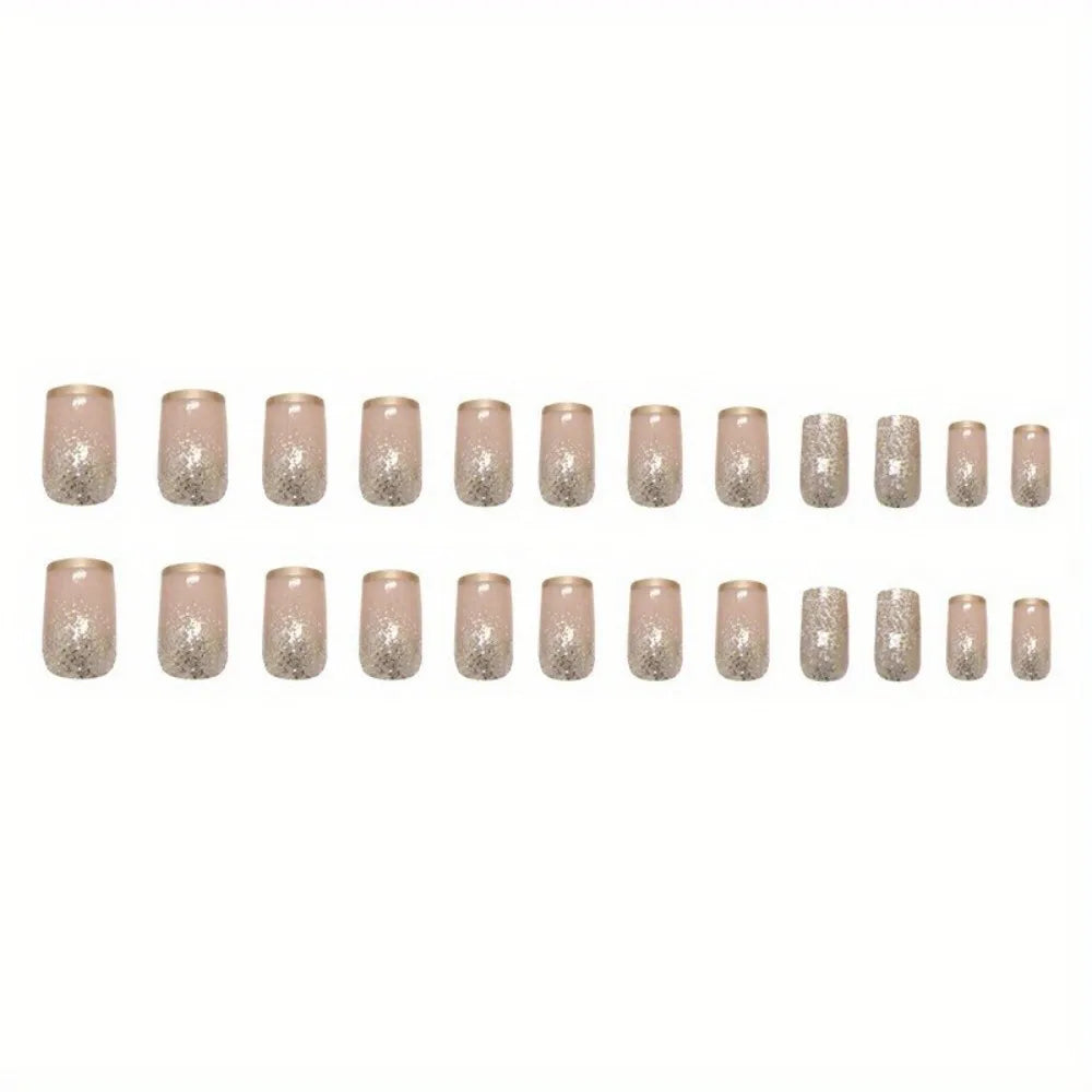 Medium Square Fake Nails for Women Girls White Pink Nail Tips with Golden Silver Sparkling Glitters Frame Design Press On Nail