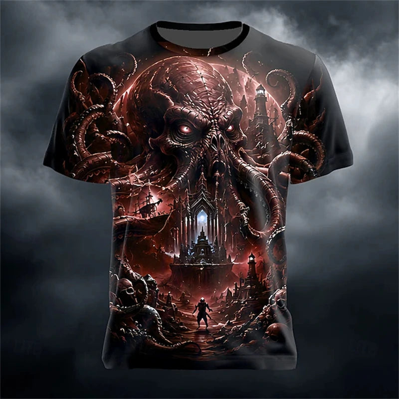 Men's Summer Skull-Printed Horror-Themed Crew-Neck T-Shirt Fashionable Trendy Street-Style Short-Sleeve Top for Halloween