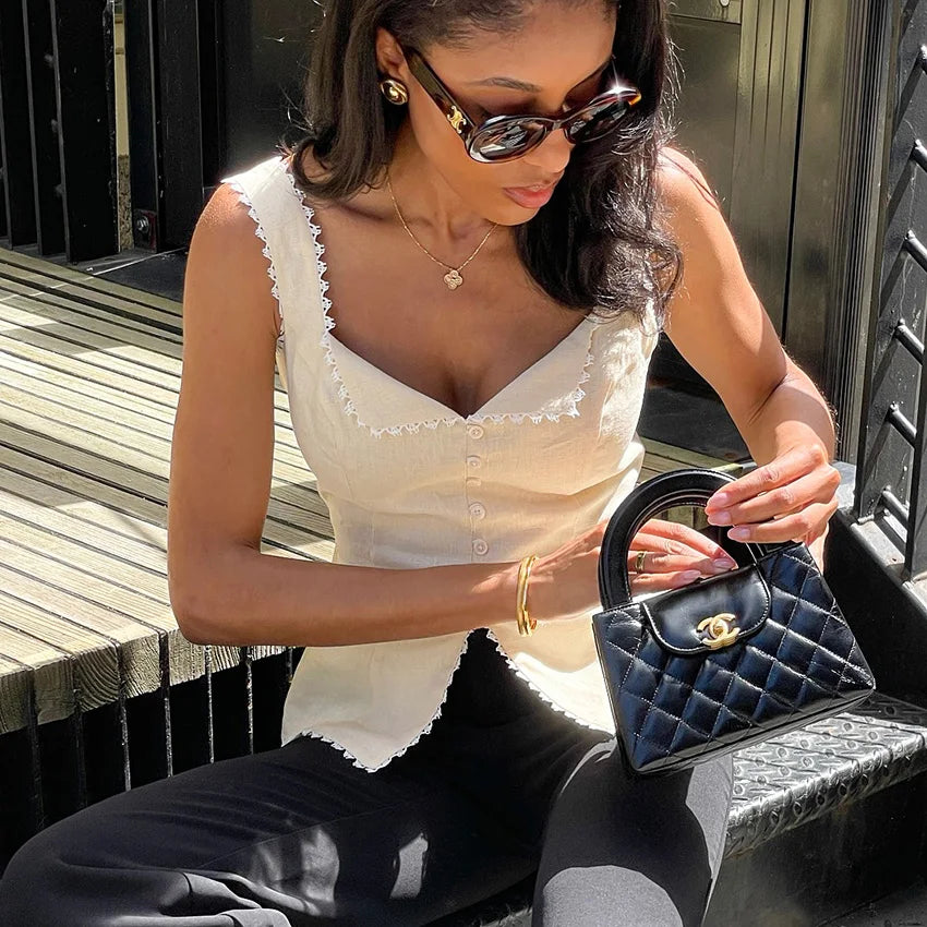 Linad Vintage Khaki Lace Spaghetti Strap Vest 2026 Elegant Square Collar Single Breasted Camis Street Chic Sleeveless Top Female