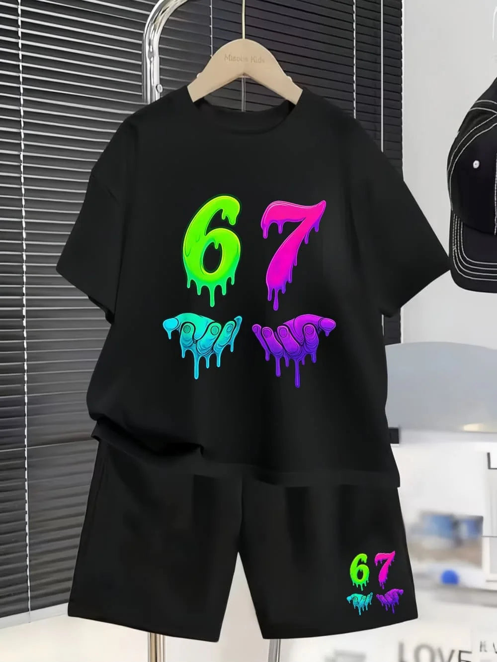 2026 Summer Boys Two-Piece Set Funny 67 Meme Digital Print T-Shirt + Pants Set Casual Street Style Outfit Fashion Kids Clothes